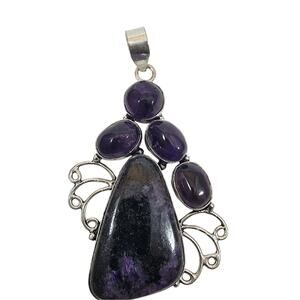 Handmade Silver Pendant with Charoite and Amethyst Cabochons
